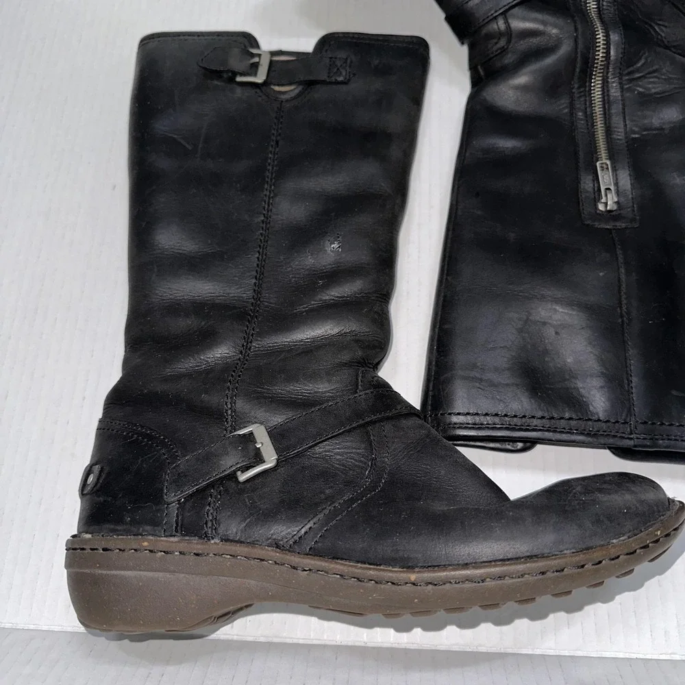 UGG Biker Boots Womens 8 Black Leather Tupelo Mid Calf‎ Zip Buckle Wedge